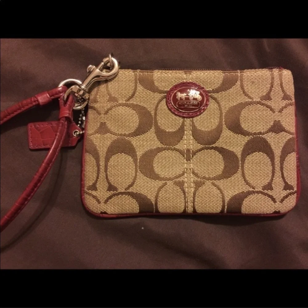 Coach Signature C Brown and Burgundy Oxblood Vintage Fabric Wristlet